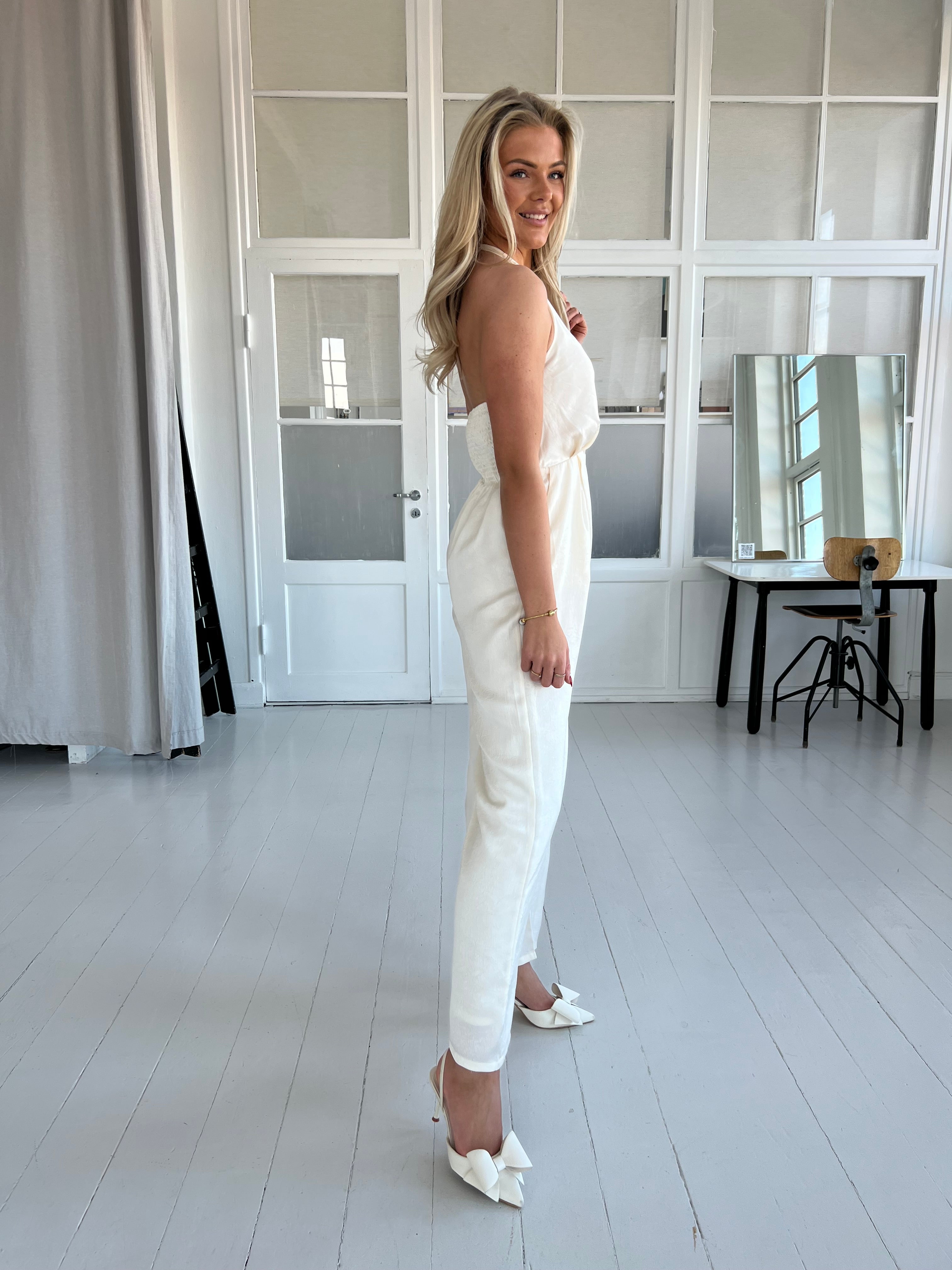 Elli white cream satin jumpsuite