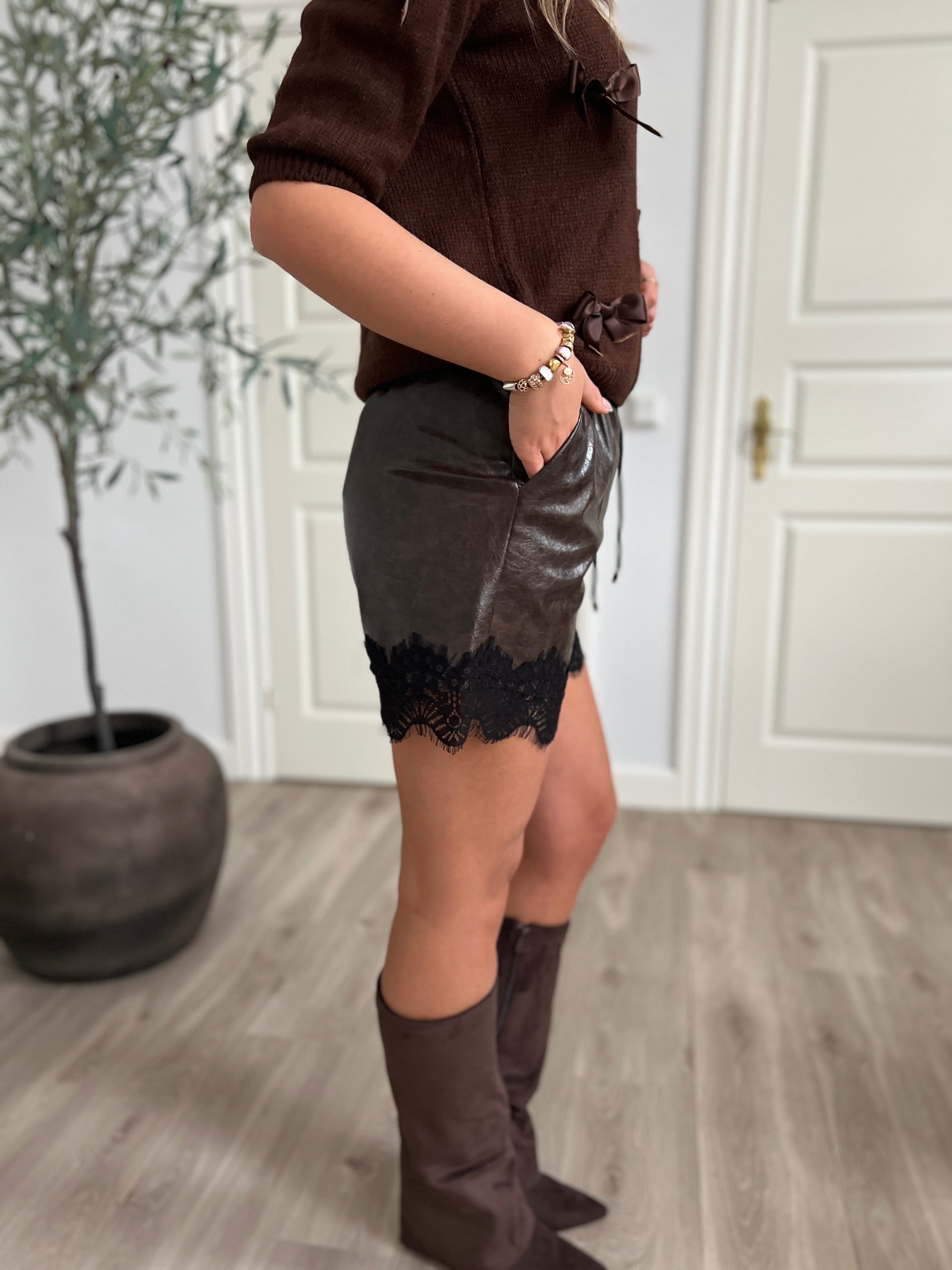 Laffe choko faux leather lace shorts