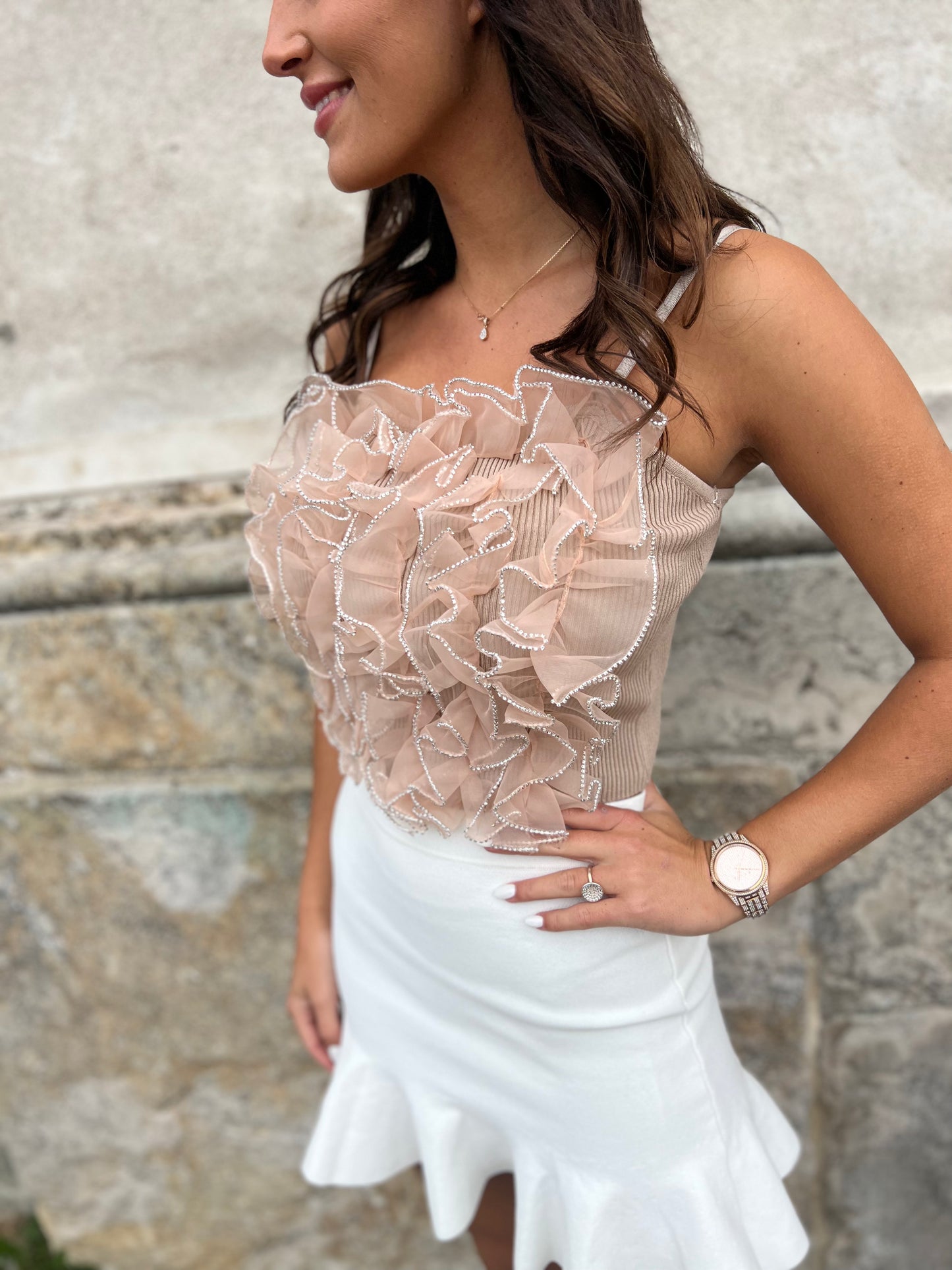Flam taupe top m. detaljer (359)