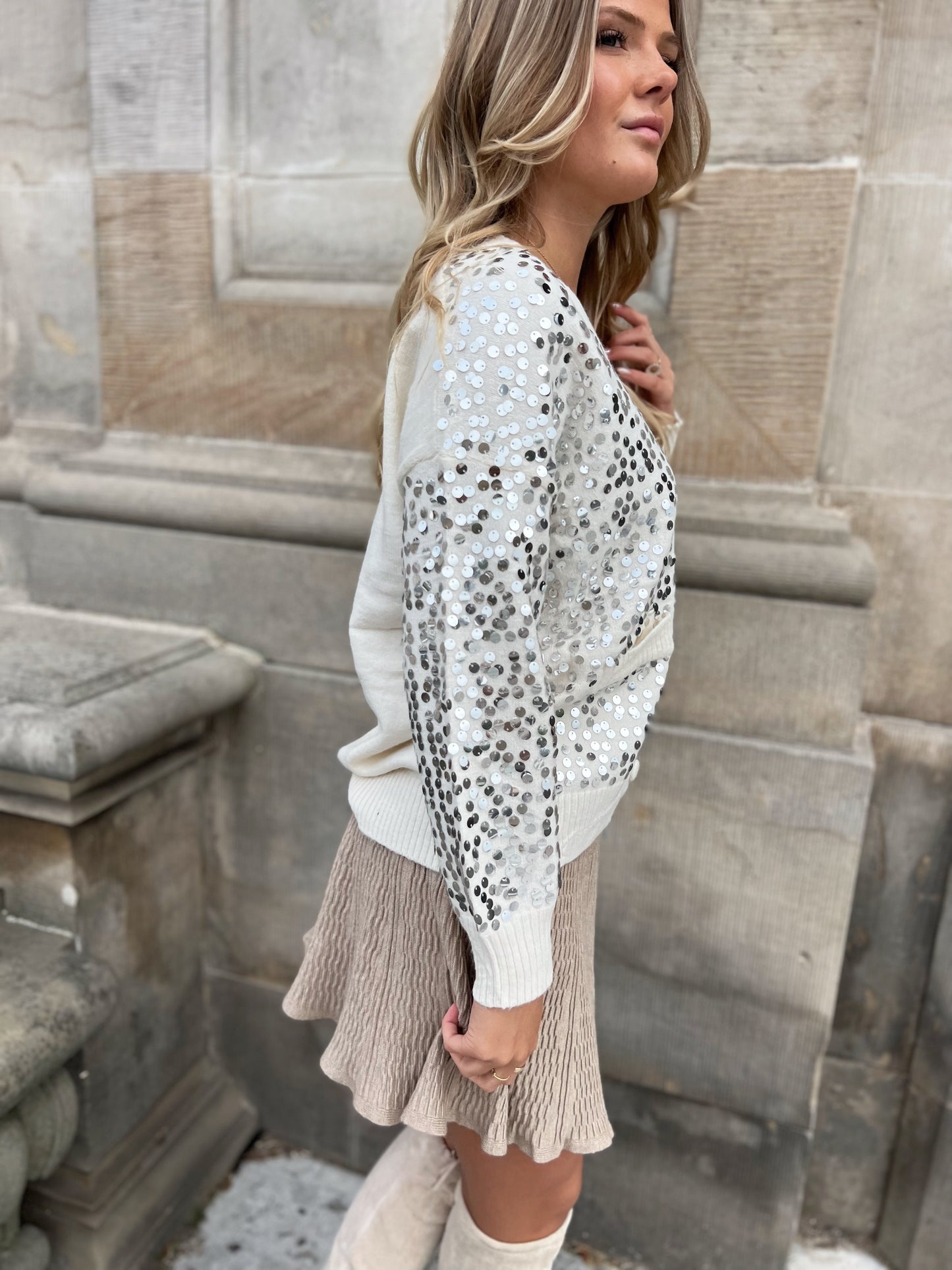 Flam råhvid cardigan m. palietter (8458)