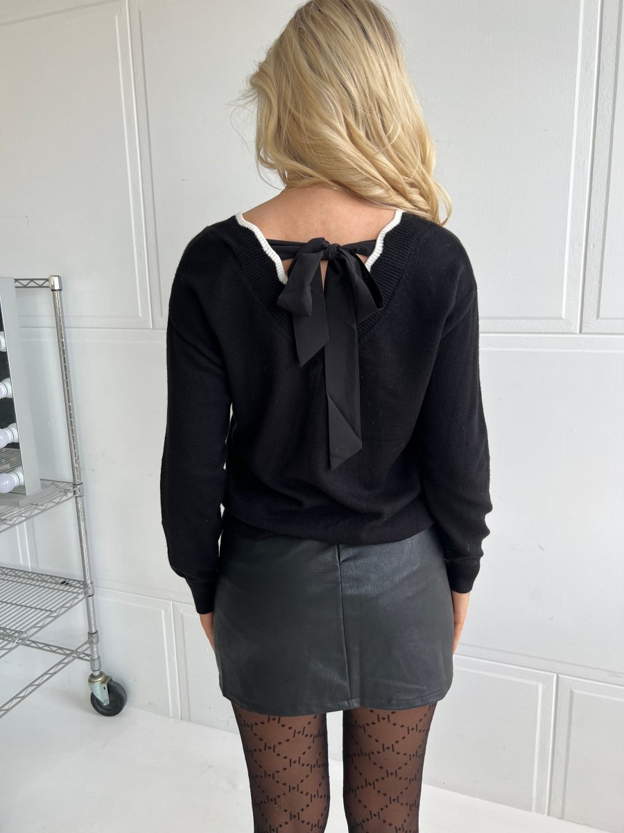 Rosy Days Black V - Neck Sweater with Bow Detail - Aaberg DK