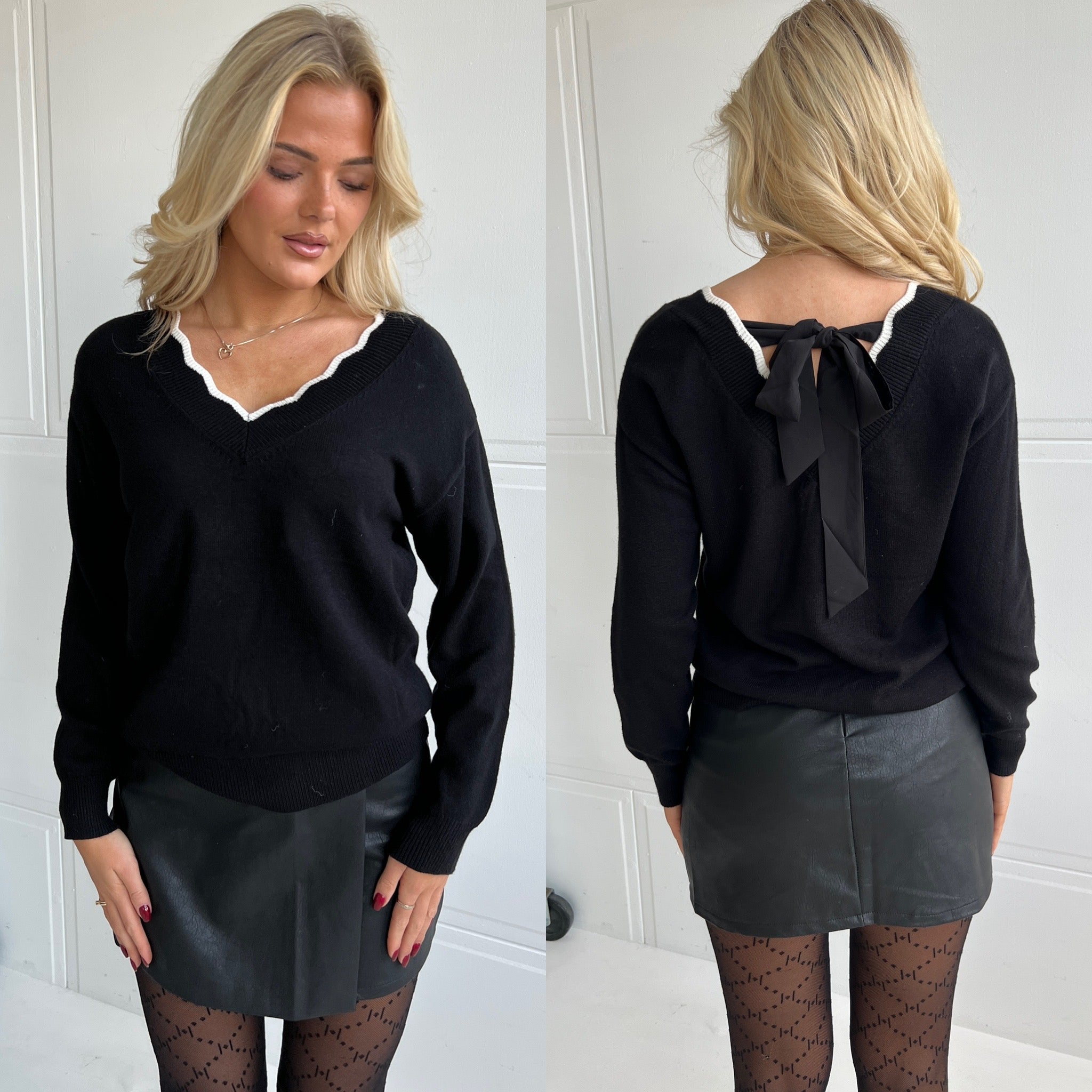 Rosy Days Black V-Neck Sweater with Bow Detail