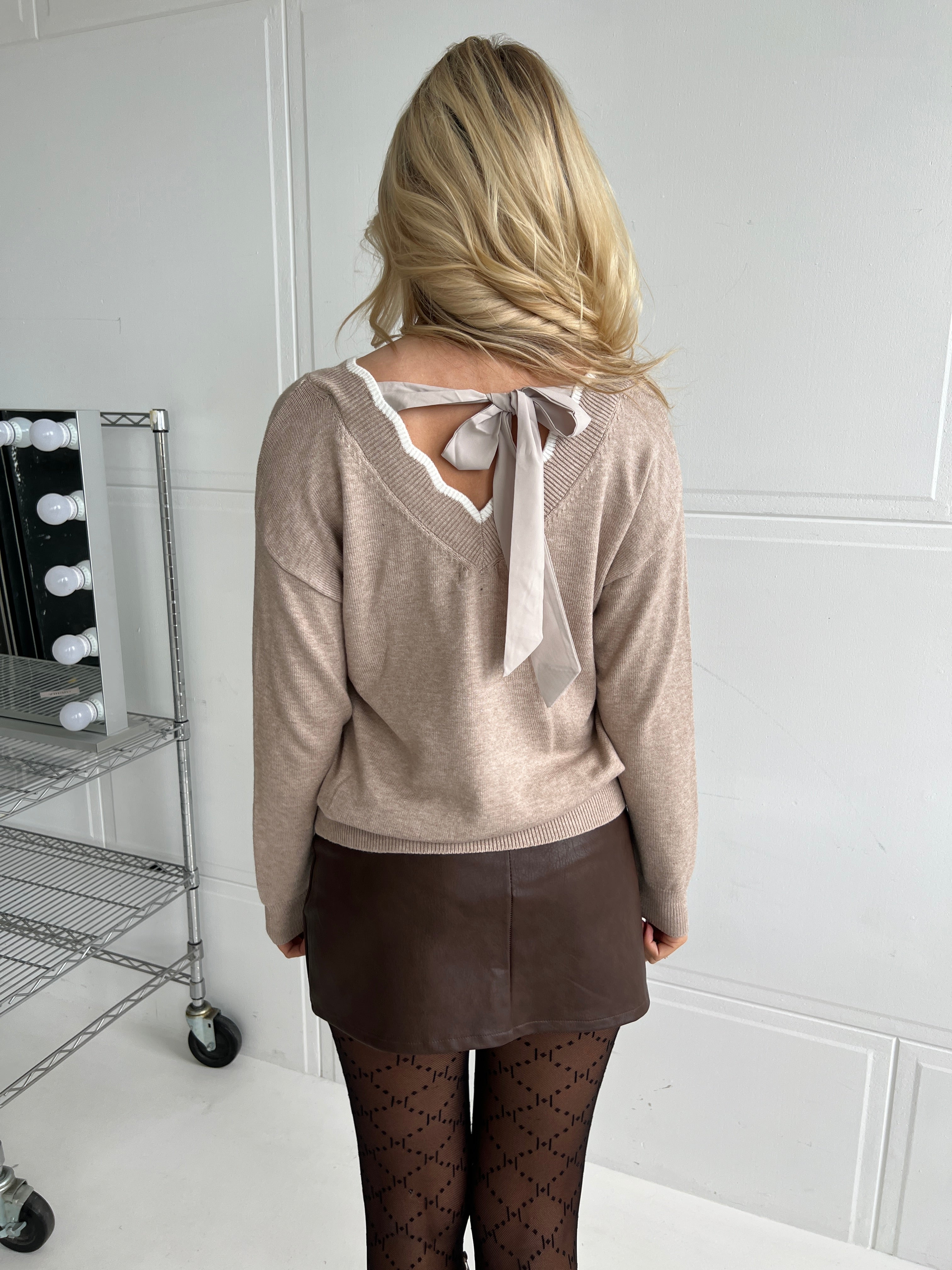 Rosy Days  V-Neck Sweater with Bow Detail