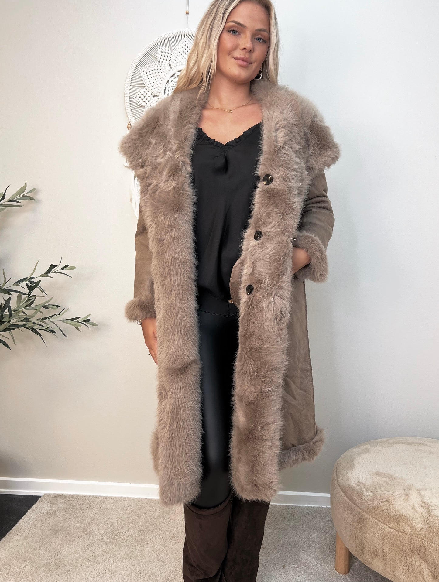 Flam taupe faux fur frakke (2212)