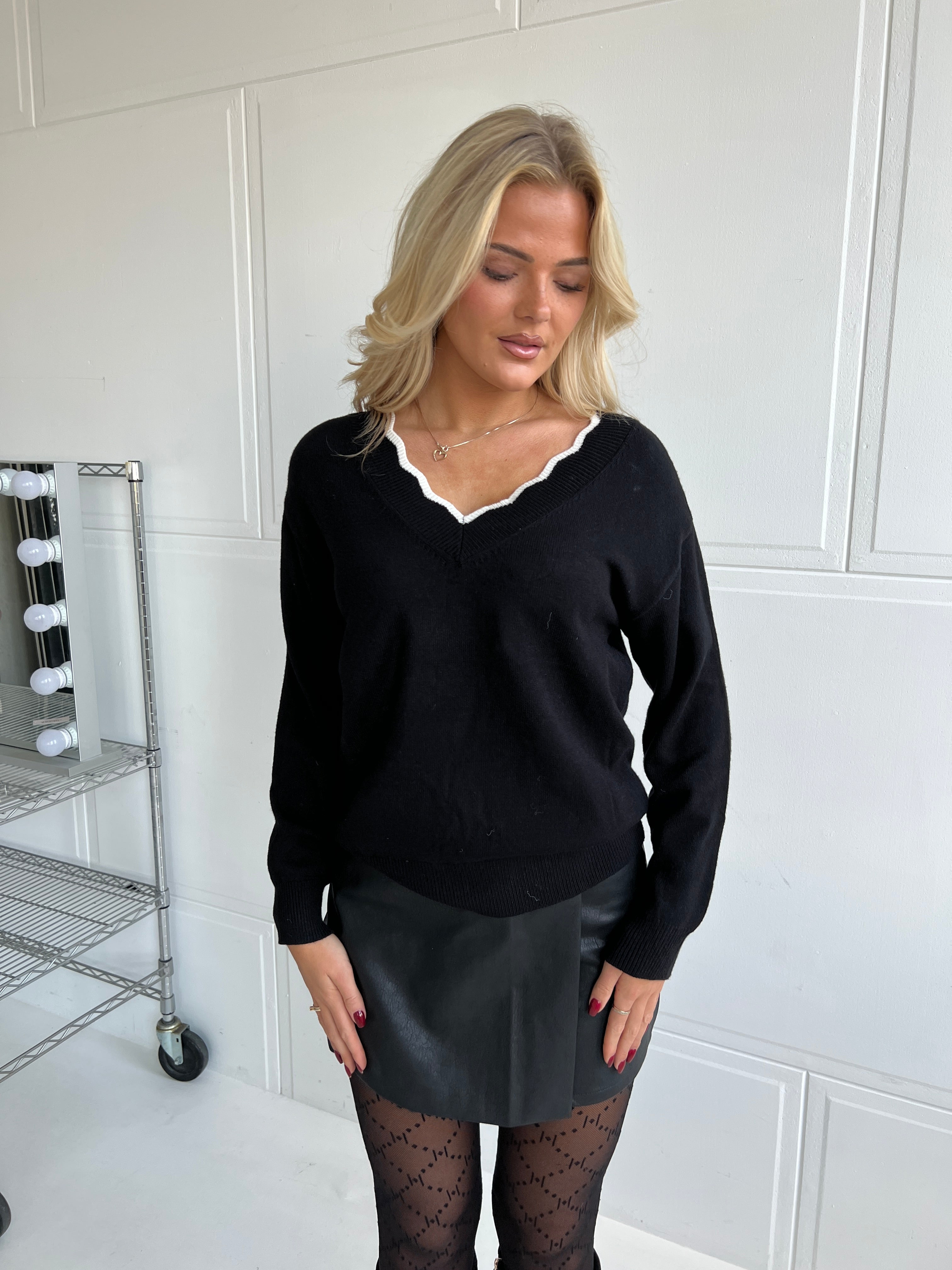 Rosy Days Black V-Neck Sweater with Bow Detail