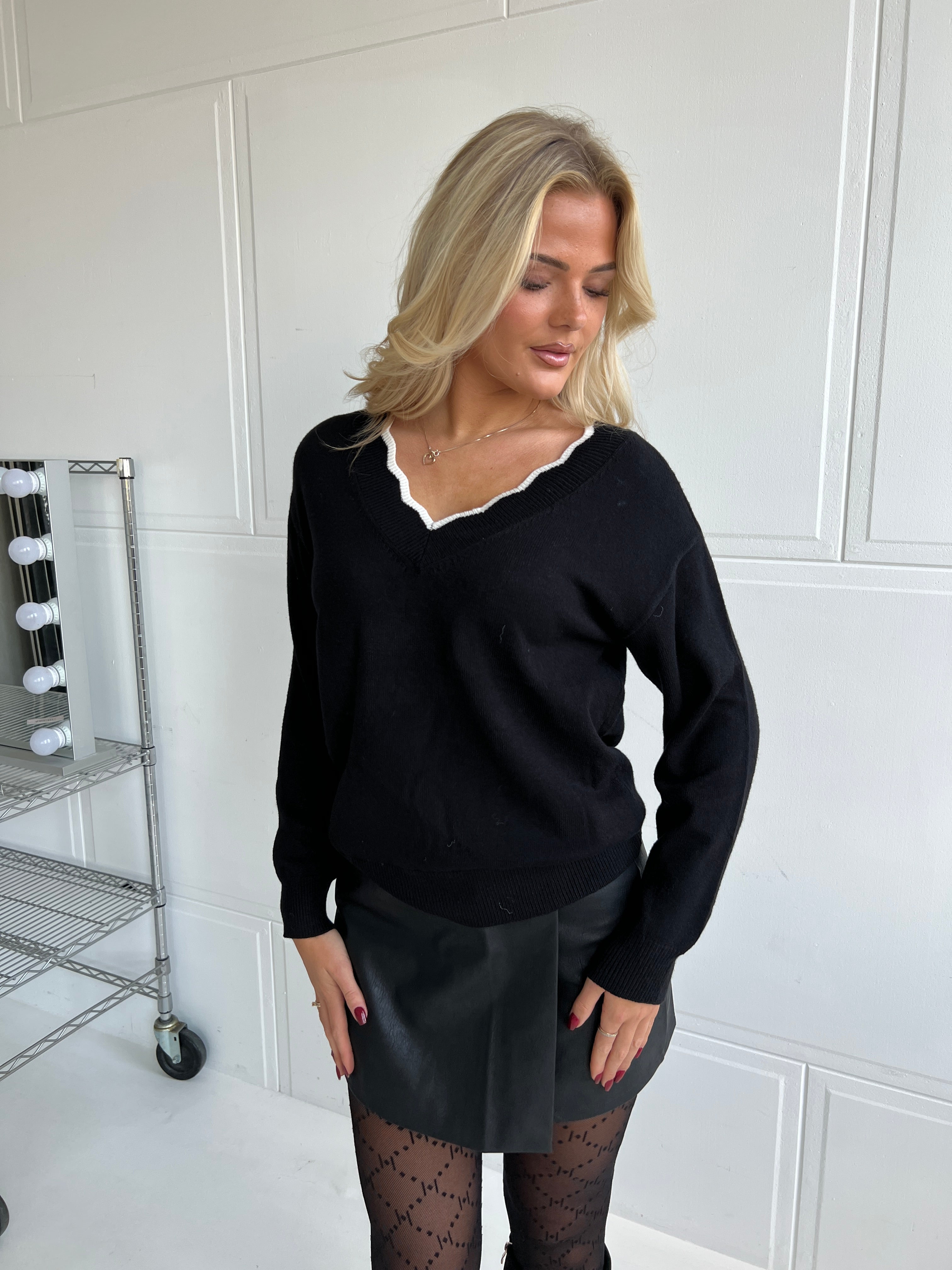 Rosy Days Black V-Neck Sweater with Bow Detail