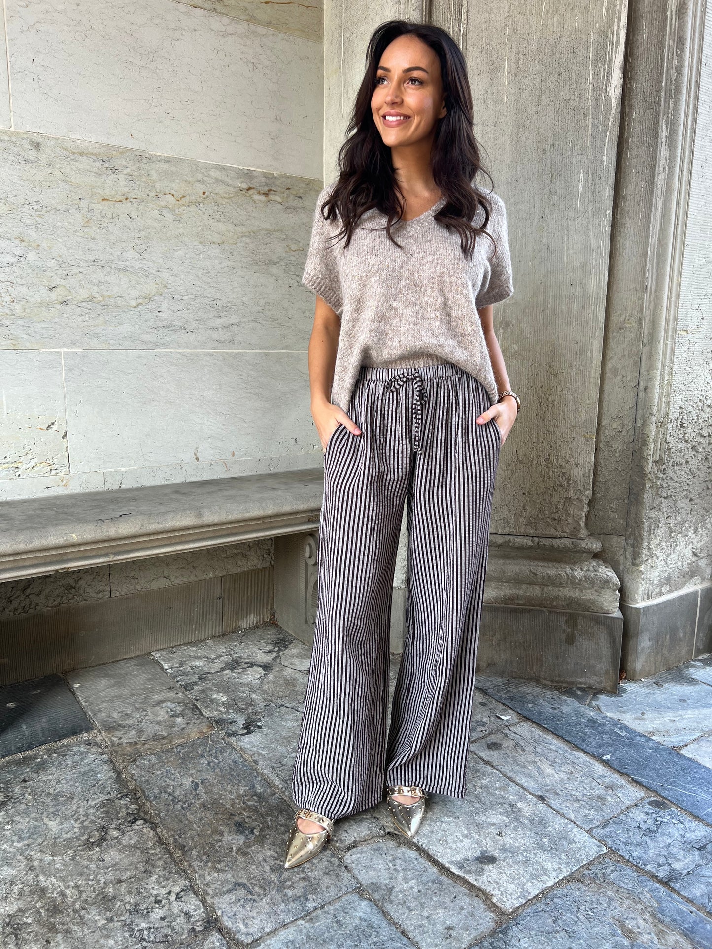 Sandy dark brown - Striped cotton gauze pants (3007)