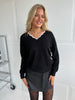 Rosy Days Black V-Neck Sweater with Bow Detail