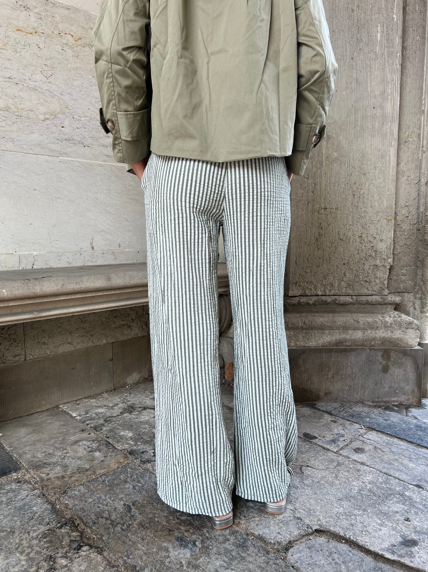 Sandy green- Striped cotton gauze pants (3007)