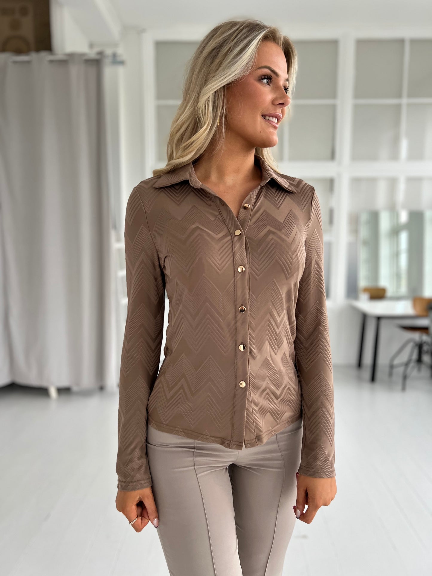 By Swan taupe elastan blouse (8790) - Fremviser silhuet - fra webshoppen Aaberg Copenhagen