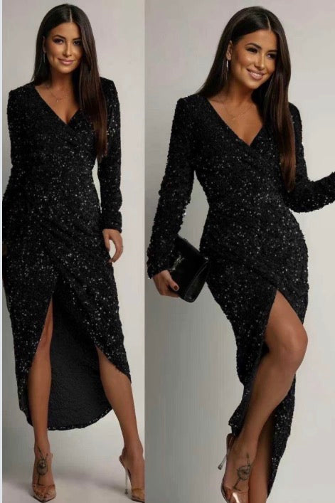 Issy sort lang glimmer kjole