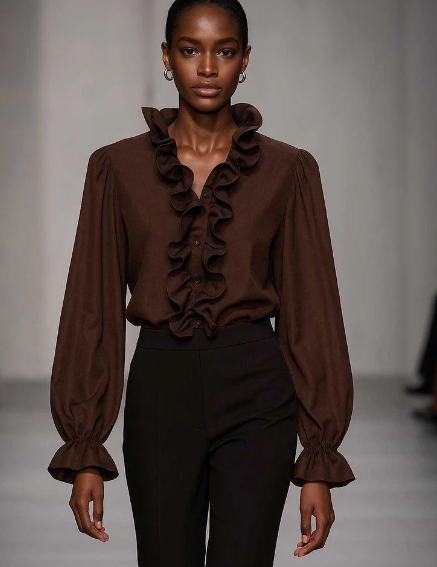 Model i LUZABELLE choko satin Blouse fra webshoppen Aaberg Copenhagen